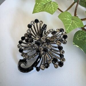 Vintage Flower Brooch Pin/ Pendant Oxidized Silver with Crystals